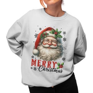 Merry Christmas Sweatshirt, Festive Holiday Jumper for Adult, Crewneck Xmas Santa Print Design Sweater for Men Women, Holiday Ugly Sweater