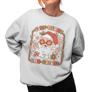 Stay Merry and Bright&quot; Retro Santa Sweatshirt, Adorable Pullover Festive Holiday Jumper Gift, Unisex Crewneck Xmas Graphic Sweater