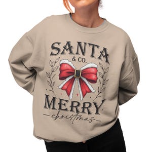 Santa & CO. Merry X-mas Sweatshirt, Festive Bow Designed Christmas Sweater, Ugly Pullover Xmas Jumper, Unisex Christmas Gathering Outfit