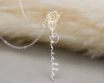 Geboorte bloem naam ketting, naam ketting met geboorte bloem, gepersonaliseerde ketting sterling zilver, verjaardagscadeau, gepersonaliseerd cadeau voor mama