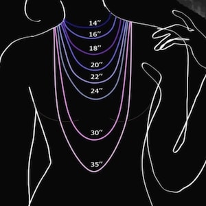 May include: A diagram showing necklace lengths from 14 to 35 inches. The lengths are displayed as colored lines against a black background, illustrating how each length would appear when worn. The numbers indicate the length in inches.