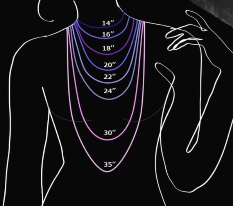 May include: A diagram showing necklace lengths from 14 to 35 inches. The lengths are displayed as colored lines against a black background, illustrating how each length would appear when worn. The numbers indicate the length in inches.