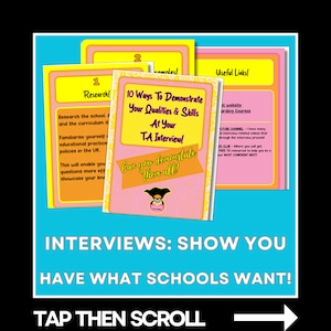 Puede incluir: Un gráfico rosa y amarillo con el texto "10 Ways To Demonstrate Your Qualities & Skills At Your TA Interview! Can you demonstrate them all?" con una imagen de dibujos animados de una mujer con gafas y una camisa rosa. El texto "INTERVIEWS: SHOW YOU HAVE WHAT SCHOOLS WANT! TAP THEN SCROLL" está debajo del gráfico.