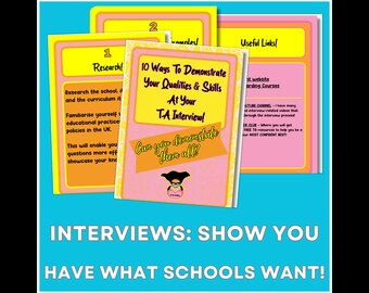May include: A pink and yellow graphic with the text "10 Ways To Demonstrate Your Qualities & Skills At Your TA Interview! Can you demonstrate them all?" with a cartoon image of a woman wearing glasses and a pink shirt. The text "INTERVIEWS: SHOW YOU HAVE WHAT SCHOOLS WANT! TAP THEN SCROLL" is below the graphic.