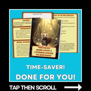 May include: A colourful digital download for teachers, featuring a cartoon mouse and the text "Done-for-you Reading Activity & 2 Extension Activities for Reception/KS1". The download is a time-saver for educators.