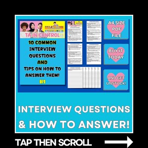 May include: A pink and blue graphic with the text "TA IN CONTROL" and "10 COMMON INTERVIEW QUESTIONS AND TIPS ON HOW TO ANSWER THEM! #1". The graphic also includes a pink heart with the text "A4 SIZE PDF FILE" and a blue rectangle with the text "BUY IT TODAY".
