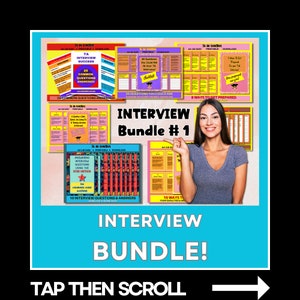 Puede incluir: Un paquete de descarga digital colorido para la preparación de entrevistas. El paquete incluye varias hojas de trabajo imprimibles con consejos y preguntas para ayudarte a prepararte para tu próxima entrevista. El texto en la imagen dice "Interview Bundle #1" y "Tap Then Scroll".