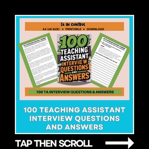 Könnte beinhalten: Eine druckbare Ressource für Lehrassistenten mit 100 Interviewfragen und Antworten. Das Dokument ist in einem grün-weißen Farbschema gehalten, mit dem Text "100 Interviewfragen und Antworten für Lehrassistenten" in fetter, schwarzer Schrift.