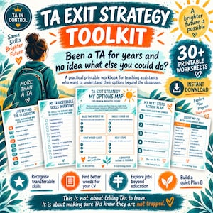 Pode incluir: Um kit de ferramentas digital para assistentes de ensino com um caderno de exercícios imprimíveis, um mapa de opções, inventário de competências e plano de ação. Design em tons de azul-petróleo, laranja e branco com texto.