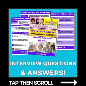 May include: A colorful graphic with the text "TA in Control" and "10 TA Interview Questions Model Answers and Tips!"  The graphic also includes the text "Teaching Philosophy and Style".  The graphic features a cartoon image of children and a globe.