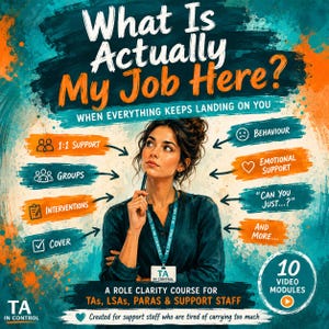 以下が含まれることがあります： What Is Actually My Job Here? When Everything Keeps Landing On Youという役割明確化コースのデジタルグラフィック。ペンを持つ人物が描かれ、1:1 Support、Groups、Interventions、Cover、Behaviour、Emotional Support、Can You Just...?といったラベルと、10 video modulesというバッジが周囲に配置されています。