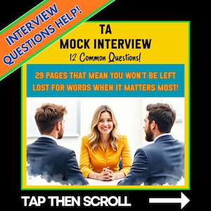 Peut inclure: Image promotion de la préparation aux entretiens. Le texte indique "TA MOCK INTERVIEW 12 Common Questions!" et "29 PAGES THAT MEAN YOU WON'T BE LEFT LOST FOR WORDS WHEN IT MATTERS MOST!" Une femme en chemisier jaune est assise entre deux hommes en costume.