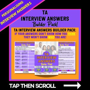 Peut inclure: Un graphique violet et orange avec le texte "TA INTERVIEW ANSWERS Builder Pack!" et "PERSONALISING INTERVIEW ANSWERS". L'image comprend une photo de quatre personnes et des zones de texte avec des conseils d'entretien.