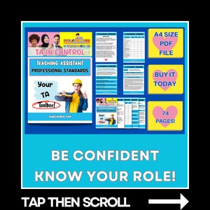 May include: A colorful digital download for teaching assistants. The image shows a cover with the title "TA in Control: Teaching Assistant Professional Standards" and a cartoon illustration of a woman wearing a hard hat and holding a toolbox. The text "Your TA Toolbox!" is also visible. The image also includes several pages of the document, which are filled with text and tables. The text "A4 Size PDF File", "Buy It Today", and "74 Pages!" is also visible. The text "Be Confident Know Your Role!" is at the bottom of the image.