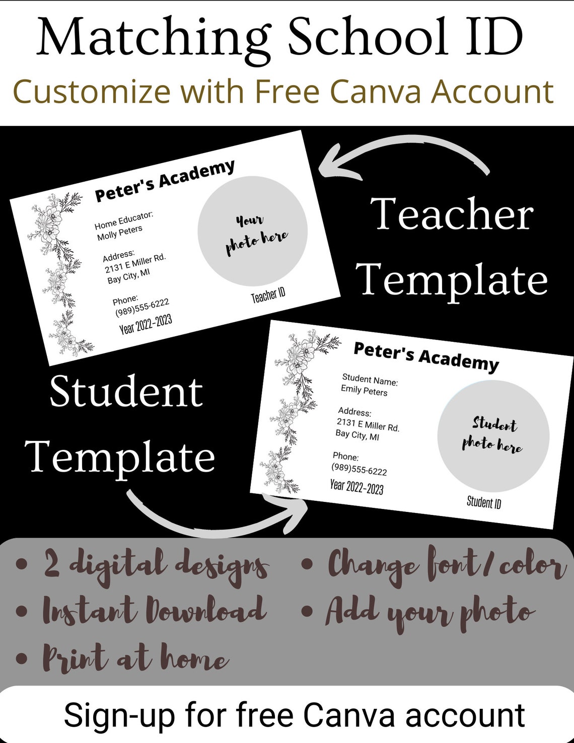 Homeschool Teacher Student ID Template Digital Download Edit - Etsy