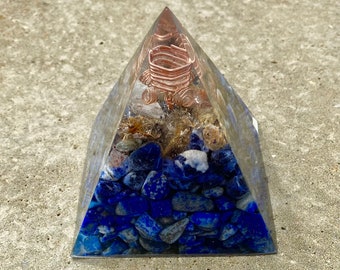 Large Orgonite pyramid. lapis lazuli, sodalite, rutilated quartz.