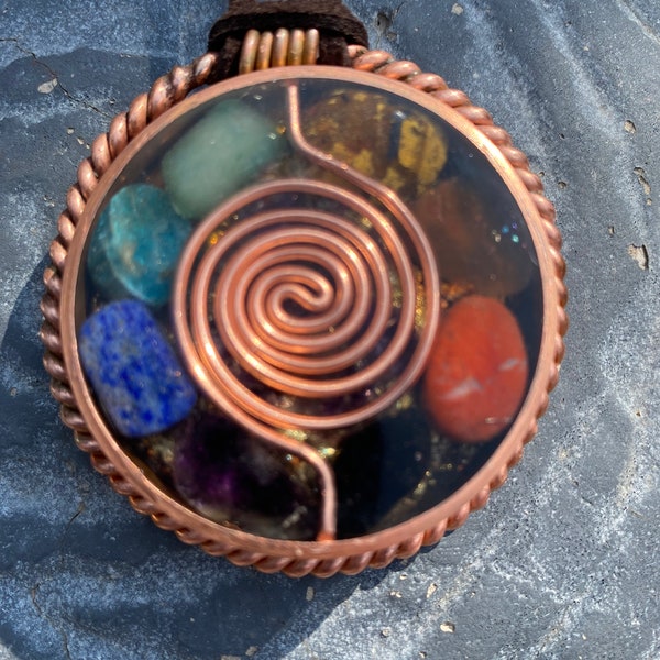 Orgonite copper chakra pendant with tensor rings