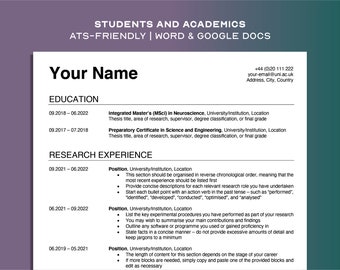 Academic CV Template | Master/PhD application | Students + Researchers | Graduate/Postgraduate school | Word, Google Docs | ATS-Friendly