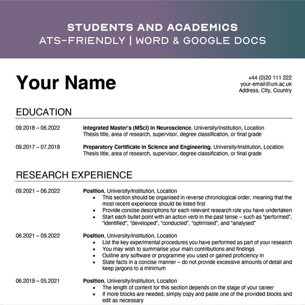 Academische CV-sjabloon | Master/PhD-aanvraag | Studenten + Onderzoekers | Afgestudeerde / postdoctorale school | Word, Google Documenten | ATS-vriendelijk