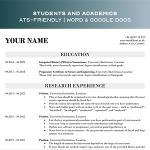 May include: A resume template designed for students and academics applying for jobs. The template includes sections for education, research experience, and skills. It also includes a contact information section with a phone number, email address, and location.