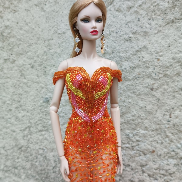 Fashion doll dress, mini orange evening gown, beads touch with sash, custom handmade, body fit barbie fashion royalty poppy parker nu face