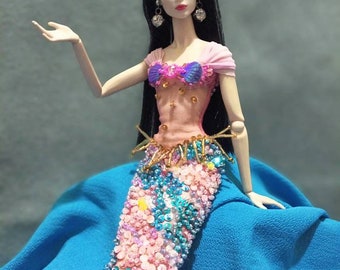 Fashion doll clothes Ariel Mermaid bead sequins dress, custom handmade, body fit disney fashion royalty poppy parker, limited for collection