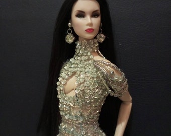 Fashion doll royalty dress, sparkling silver evening gown, body fit poppy parker nu face, fully bead & sequin, custom handmade, elegant look