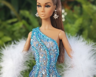 Fashion royalty dress beaded gown, the warm blue fantasy, unique pattern with fur, body fit fashion royalty poppy parker nu face, limited