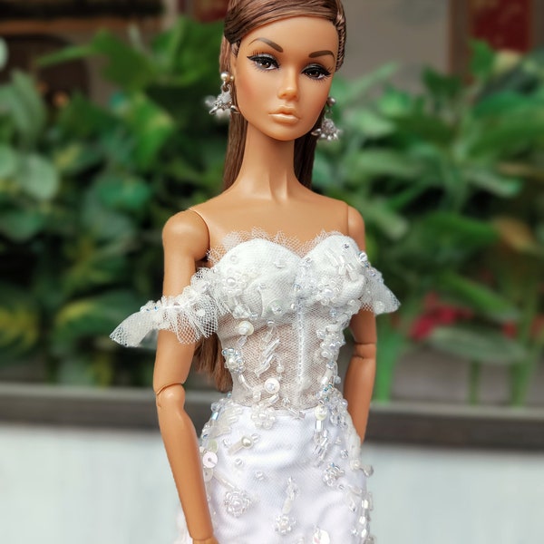 Fashion wedding beaded dress, custom handmade, unique gown in white, doll body fit for disney fashion royalty poppy parker nu face, limited