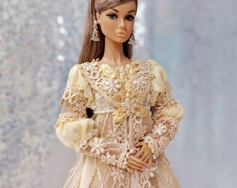 PRE ORDER dress for doll, multi layer lace gown, Ever After theme in cream color, Body Fit for FR Nu Face Poppy Parker Disney, custom handma