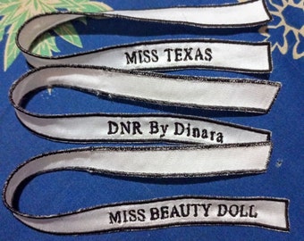 Mini sash for fashion royalty, nu face, poppy parker, the pageant white series, base on satin, sold per 1 pc, customize & personalized theme