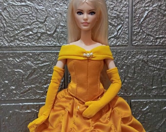 Doll clothes Belle dress, gown in yellow, real custom handmade, body fit disney fashion royalty poppy parker, limited edition for collection