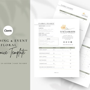 Puede incluir: Una plantilla de factura floral para floristas de bodas y eventos. La plantilla presenta un diseño floral con una flor amarilla clara y hojas verdes. El texto "FAWN & BLOOM FLORES STUDIO" se muestra en negro. La plantilla incluye una tabla para enumerar los artículos, los precios, las cantidades y los totales.