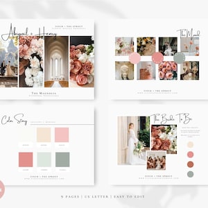 Puede incluir: Un tablero de inspiraci&oacute;n para una boda con fotos de la novia y el novio, flores y un pastel. La historia de color es rosa, melocot&oacute;n y verde. El texto en el tablero dice "Abigail + Henry", "The Magnolia", "The Mood", "The Bride To Be" y "Color Story".