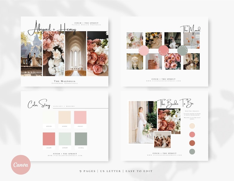 Puede incluir: Un tablero de inspiraci&oacute;n para una boda con fotos de la novia y el novio, flores y un pastel. La historia de color es rosa, melocot&oacute;n y verde. El texto en el tablero dice "Abigail + Henry", "The Magnolia", "The Mood", "The Bride To Be" y "Color Story".