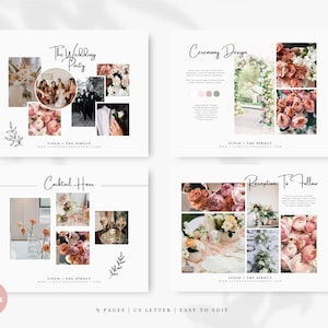 Puede incluir: Un tablero de inspiraci&oacute;n para una boda con cuatro secciones: La fiesta de bodas, El dise&ntilde;o de la ceremonia, La hora del c&oacute;ctel y La recepci&oacute;n a seguir. Cada secci&oacute;n presenta fotos de arreglos florales, atuendos de boda y otros detalles. El texto "Finch - The Sprout" y una direcci&oacute;n de sitio web se incluyen en la parte inferior de cada secci&oacute;n.