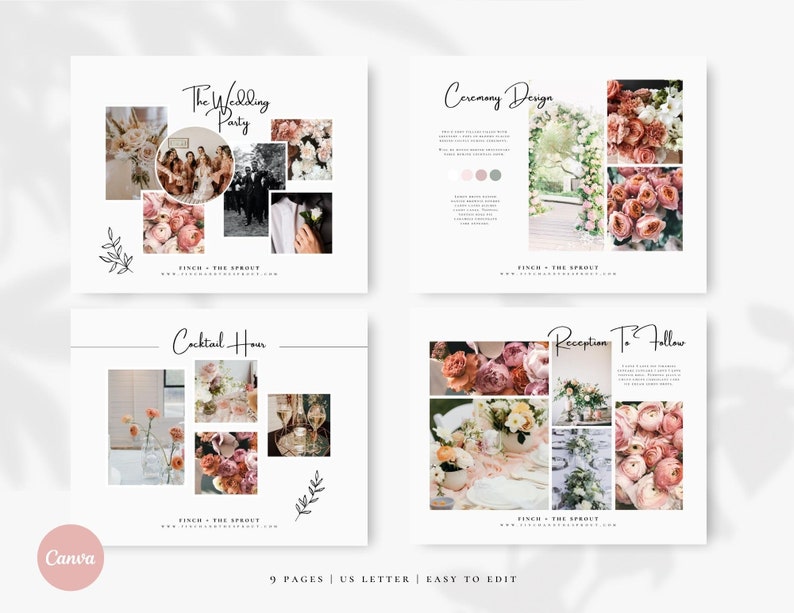 Puede incluir: Un tablero de inspiraci&oacute;n para una boda con cuatro secciones: La fiesta de bodas, El dise&ntilde;o de la ceremonia, La hora del c&oacute;ctel y La recepci&oacute;n a seguir. Cada secci&oacute;n presenta fotos de arreglos florales, atuendos de boda y otros detalles. El texto "Finch - The Sprout" y una direcci&oacute;n de sitio web se incluyen en la parte inferior de cada secci&oacute;n.