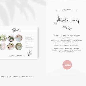 Puede incluir: Una plantilla imprimible en blanco y negro para floristas de bodas y eventos. La plantilla presenta un dise&ntilde;o floral y el texto "Rentals" y "Finch & The Sprout". La plantilla est&aacute; dise&ntilde;ada para ser f&aacute;cilmente personalizada con fuentes, formas, colores e im&aacute;genes. El texto "Abigail + Henry" tambi&eacute;n est&aacute; incluido en la plantilla.