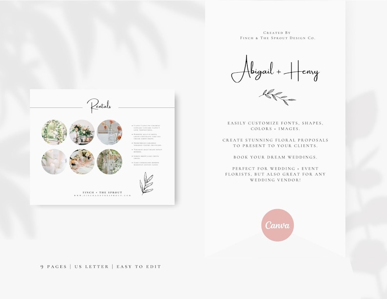 Puede incluir: Una plantilla imprimible en blanco y negro para floristas de bodas y eventos. La plantilla presenta un dise&ntilde;o floral y el texto "Rentals" y "Finch & The Sprout". La plantilla est&aacute; dise&ntilde;ada para ser f&aacute;cilmente personalizada con fuentes, formas, colores e im&aacute;genes. El texto "Abigail + Henry" tambi&eacute;n est&aacute; incluido en la plantilla.