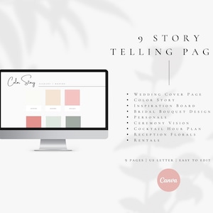 Puede incluir: Una pantalla de ordenador que muestra una paleta de colores con el texto "Color Story" y una lista de 9 p&aacute;ginas de planificaci&oacute;n de bodas, que incluyen "P&aacute;gina de portada de la boda", "Historia del color", "Tablero de inspiraci&oacute;n", "Dise&ntilde;o del ramo de novia", "Personalizaciones", "Visi&oacute;n de la ceremonia", "Plan de la hora del c&oacute;ctel", "Flores de la recepci&oacute;n" y "Alquileres". El texto "9 P&aacute;ginas | US Letter | F&aacute;cil de editar" y el logotipo de Canva tambi&eacute;n son visibles.