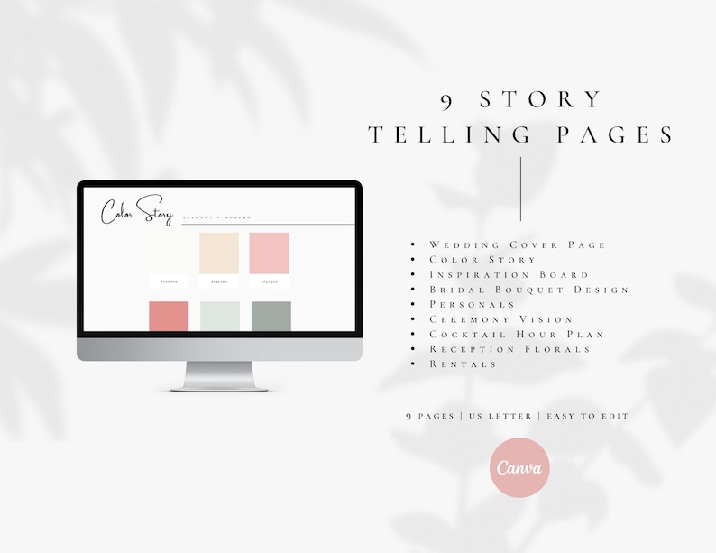 Puede incluir: Una pantalla de ordenador que muestra una paleta de colores con el texto "Color Story" y una lista de 9 p&aacute;ginas de planificaci&oacute;n de bodas, que incluyen "P&aacute;gina de portada de la boda", "Historia del color", "Tablero de inspiraci&oacute;n", "Dise&ntilde;o del ramo de novia", "Personalizaciones", "Visi&oacute;n de la ceremonia", "Plan de la hora del c&oacute;ctel", "Flores de la recepci&oacute;n" y "Alquileres". El texto "9 P&aacute;ginas | US Letter | F&aacute;cil de editar" y el logotipo de Canva tambi&eacute;n son visibles.