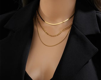 Women's 3-Chain Multi-Row Gold Plated Gold Necklace, Gift Jewelry