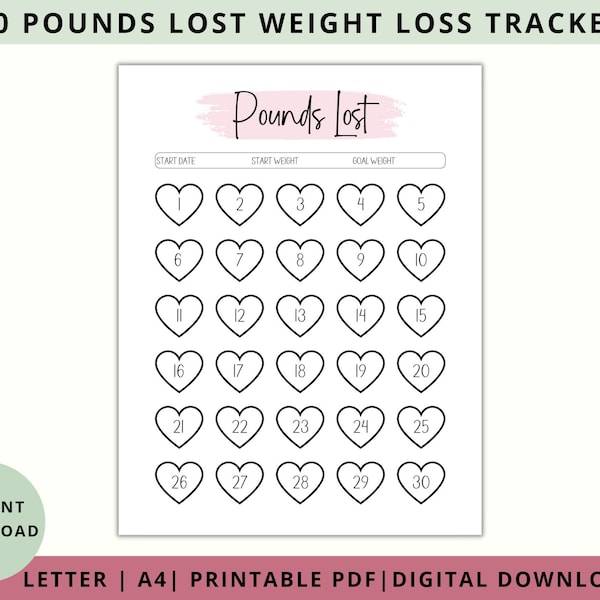 Pounds Lost Printable, 30 Pound Weight Loss Tracker, Instant Digital Download, Weightloss Log