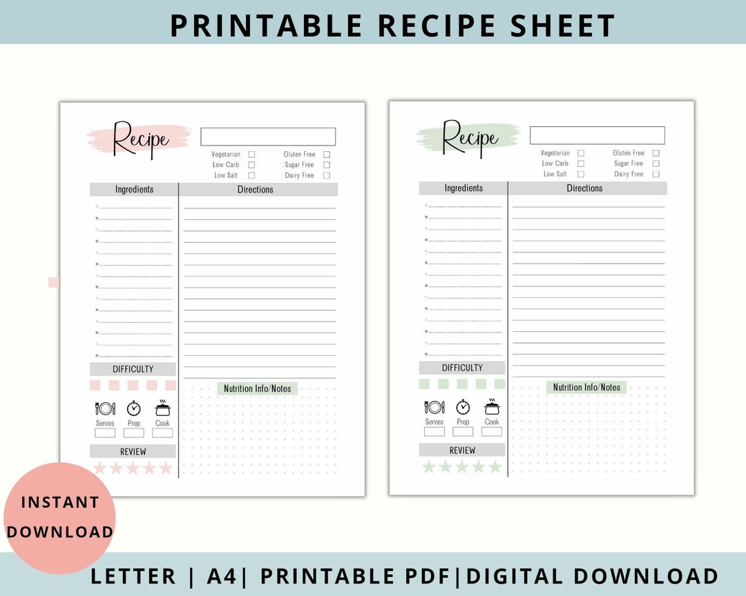 Recipe Page Printable Template, Digital Instant Download, Blank Recipe ...