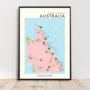 Queensland map, Australia Poster, Illustrated landmark map, East Coast landmarks , Queensland Poster, Australia Travel Poster, Australia Art