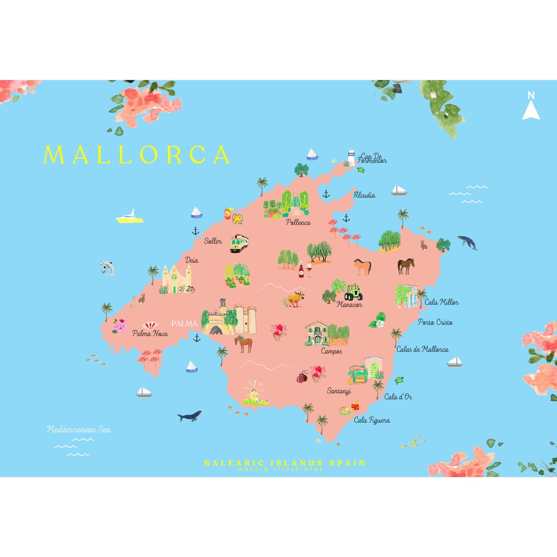 Mallorca Illustrated Map, Mallorca Map, Majorca Spain Map, Mallorca
