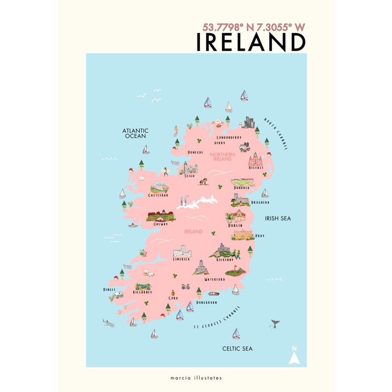 Ireland Illustrated Map, A4 Ireland Map, Ireland Print, Pictorial Map