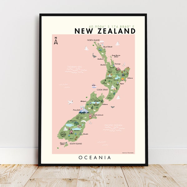 Neuseeland illustrierte Landkarte, A4 Neuseeland Landkarte, Neuseeland Druck, bildhafte Landkarte Neuseeland, NZ Travel Poster, A3 Karte von Neuseeland,