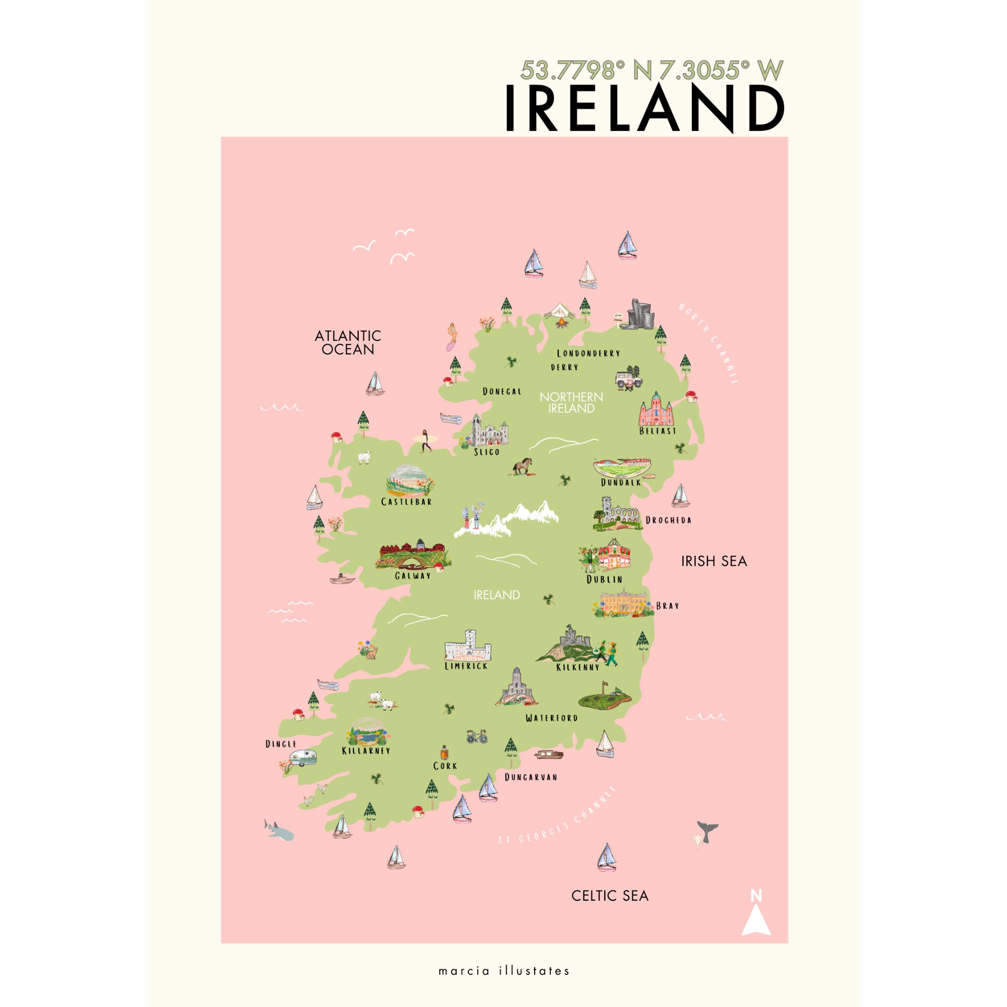 Ireland Illustrated Map, A4 Ireland Map, Ireland Print, Pictorial Map