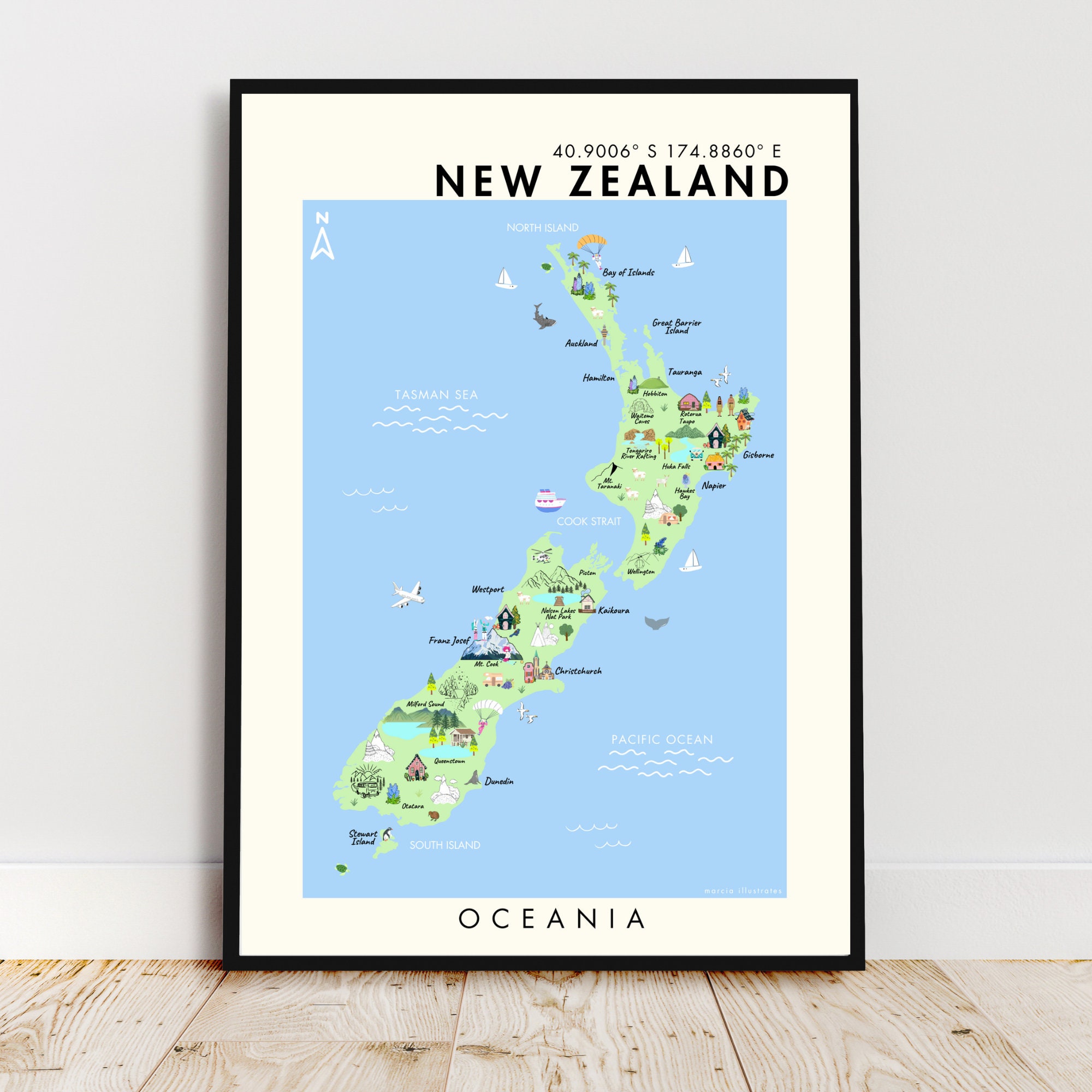 New Zealand Illustrated Map, A4 New Zealand Map, New Zealand Print ...